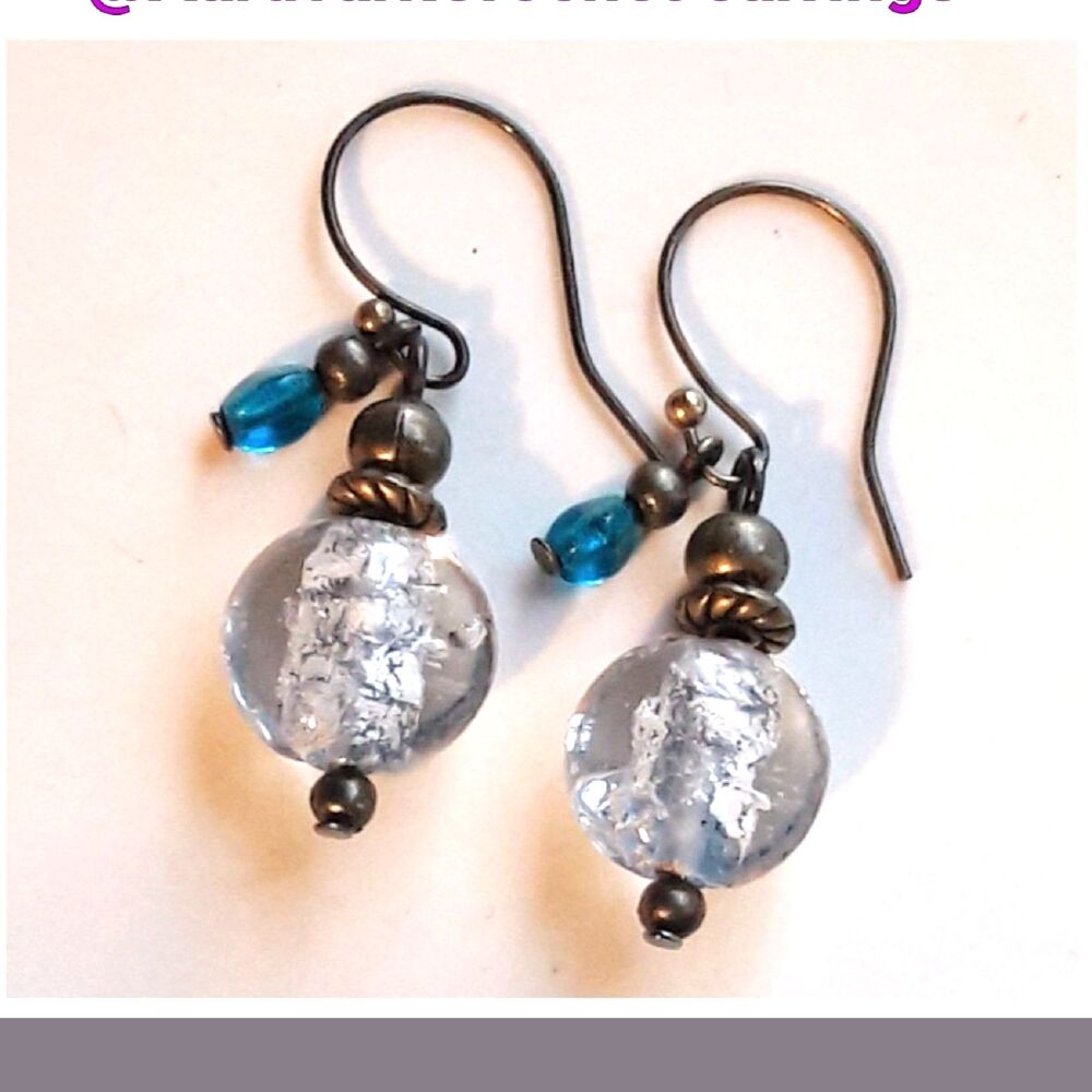 Blue Glass Antique Bronze Hooks Hidden Meaning earrings Fairy Fall , Poetc  511■